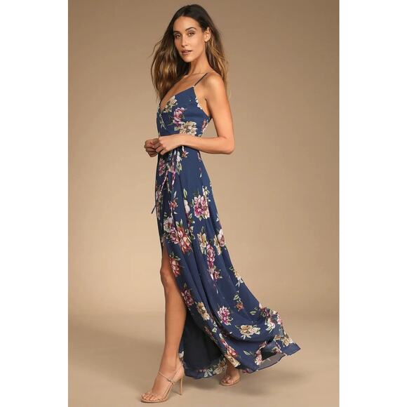 Lulu's Always There For Me Navy Blue Floral Print Wrap Maxi Dress Large - Picture 7 of 7